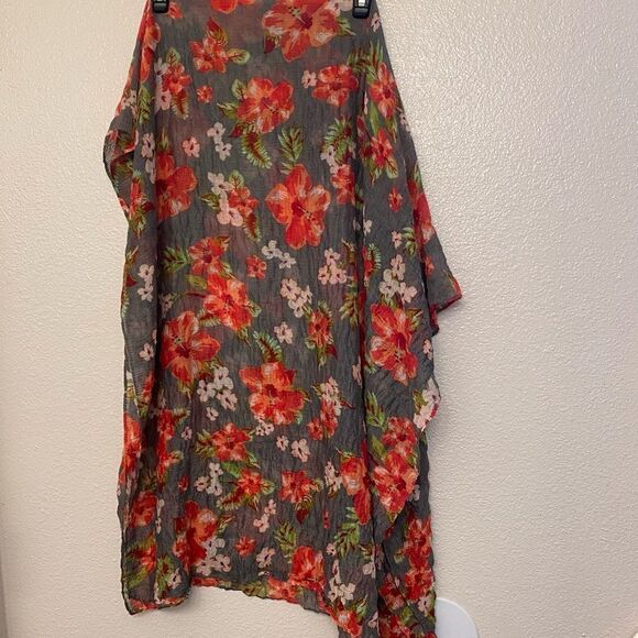 Gray red Hibiscus Tropical floral oversized scarf swimsuit cover-up scarf 35x66 - Picture 1 of 6